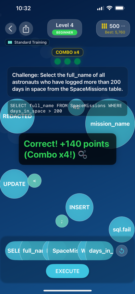 SQL Bubble Pop gameplay screen