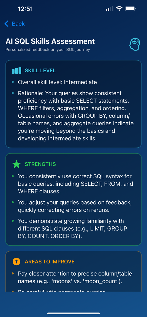 SQL Bubble Pop AI skills assessment screen