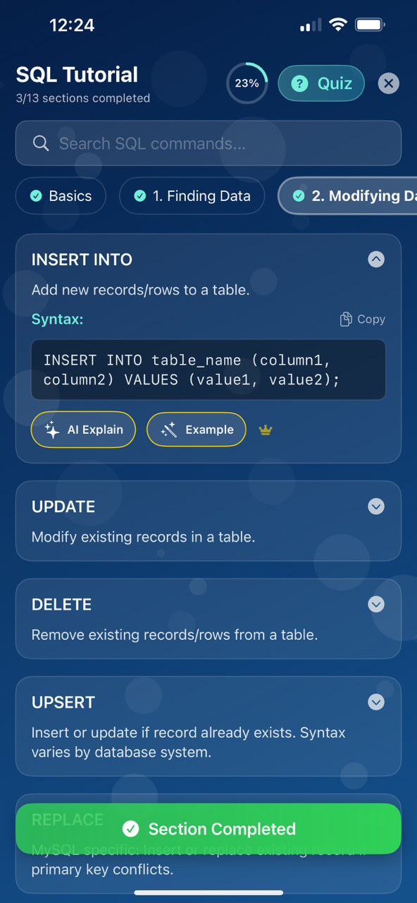 SQL Bubble Pop tutorial screen